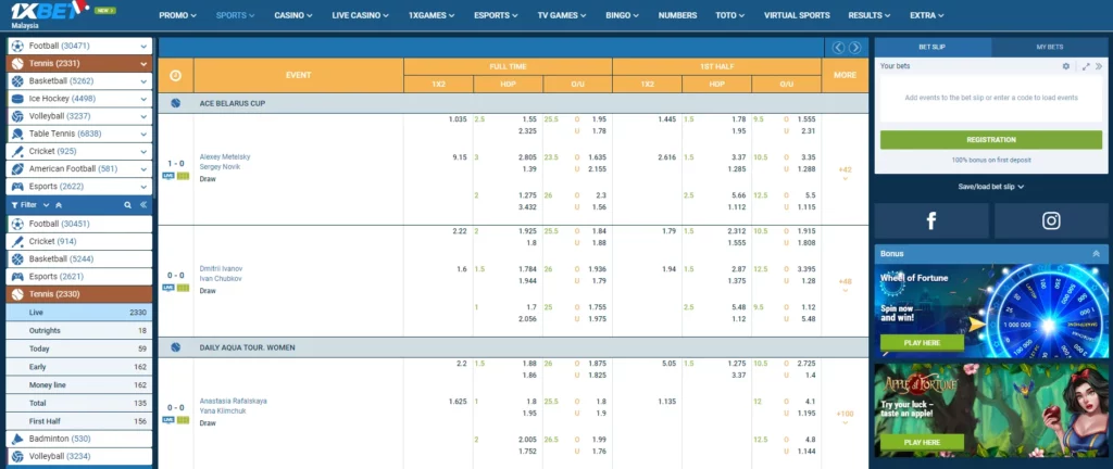 Tennis Betting Options at 1xBet T&uuml;rkiye
